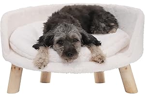 Susire Elevated Pet Sofa Chair: Dog Wooden Round Stool Bed with Soft Removable Washable Cushion Mat - Indoor Pet Raised Cuddl