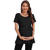 Smallshow Women's Maternity Shirts Tie Front Short Sleeve Pregnancy Tops Clothes