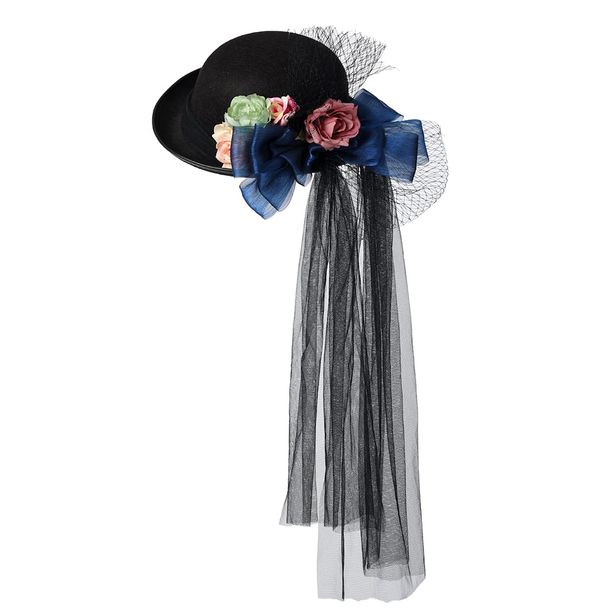 COSDREAMER Women Victorian Dome Hat Long Lace Rose Flower Black Top Hat 58cm — image 1