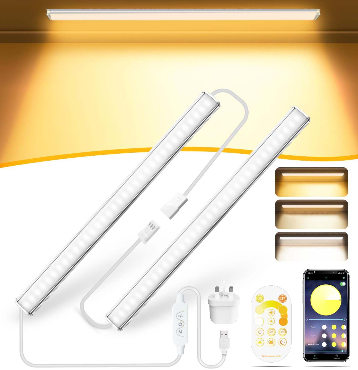 Daymeet Under Cupboard Kitchen Lights, 30CM Ultra Thin Dimmable Under Cabinet Kitchen Lights, Multi-Color Super Bright Counter Light Indoor Night Light Bar for Shelf, Closet (2 Pack)