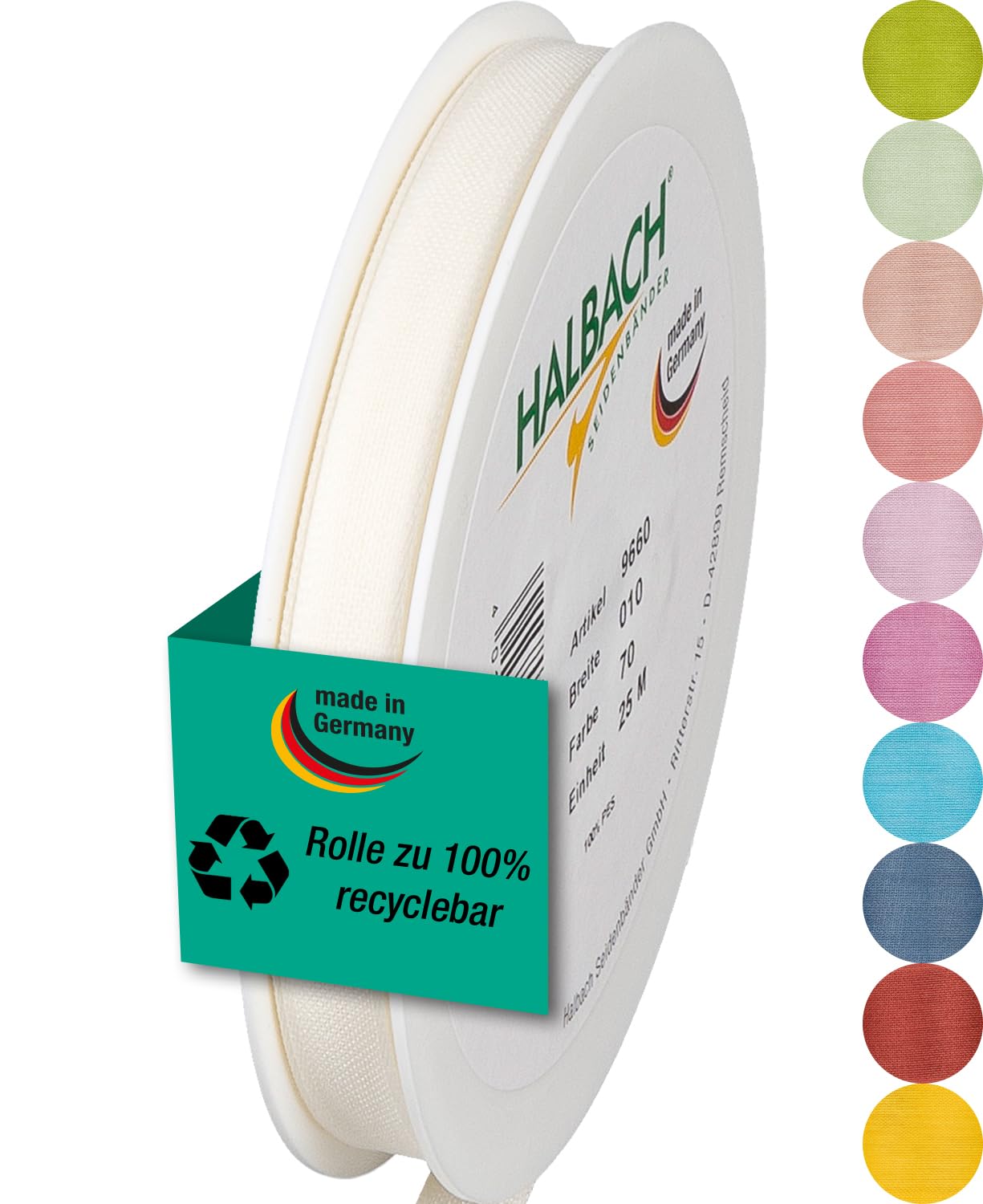 Halbach Seidenbänder Gift Ribbon Width 10 mm Length 25 m Ribbon Made in Germany Gift Ribbons in a Variety of Colours and Widths Perfect for Packaging and Decorating, Colour: Cream — image 1