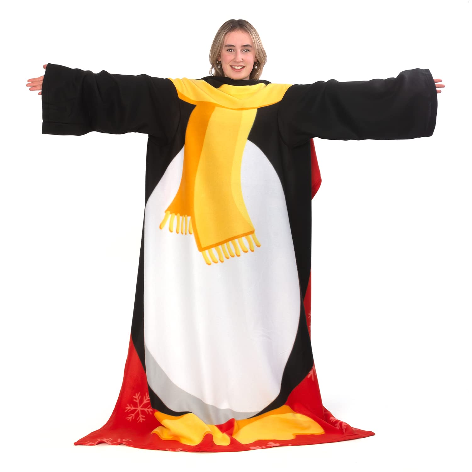 Snug Rug Christmas Penguin Fleece Blanket with Sleeves, Black/White