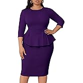Runwind Womens Plus Size Dress - Work Business Professional Office Vintage Peplum 3/4 Sleeve Pencil Dresses