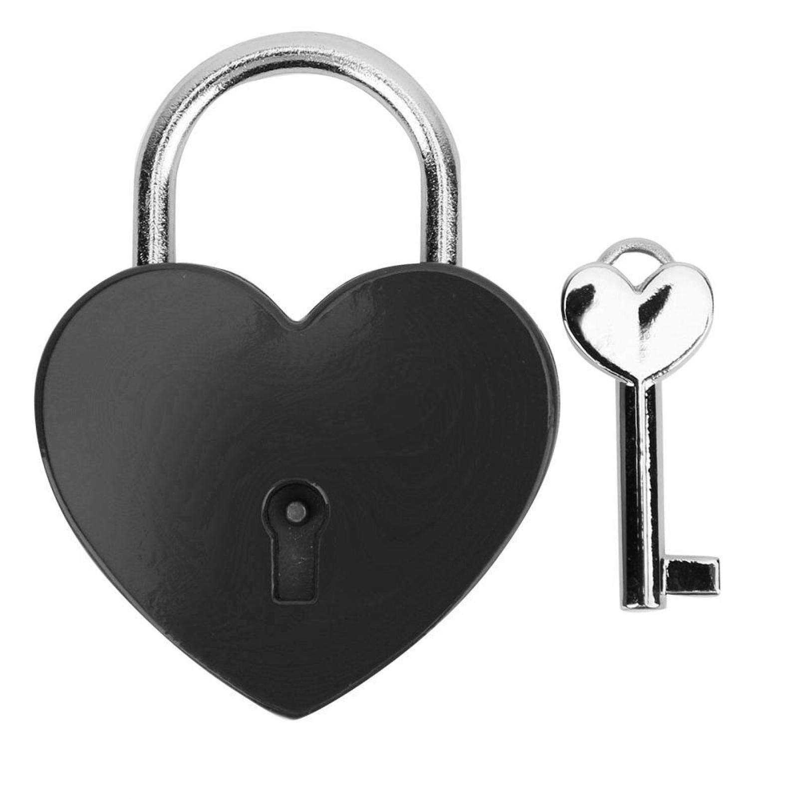 Padlock, Metal Heart Shaped Lock with Key, Metal Lock for Luggage Diary Book Jewelry Box(Black)
