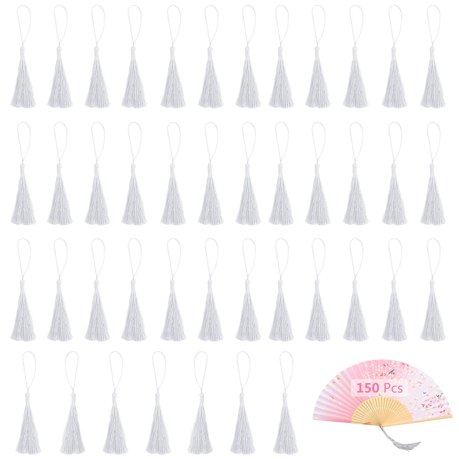 150 Pcs Silky Tassels, VEGCOO Silver White Bookmark Tassels Pendant Soft Craft Handmade Mini Tassel with Loop for Jewelry Making DIY Craft Accessorise Supplies and Home Decoration (Silver White)