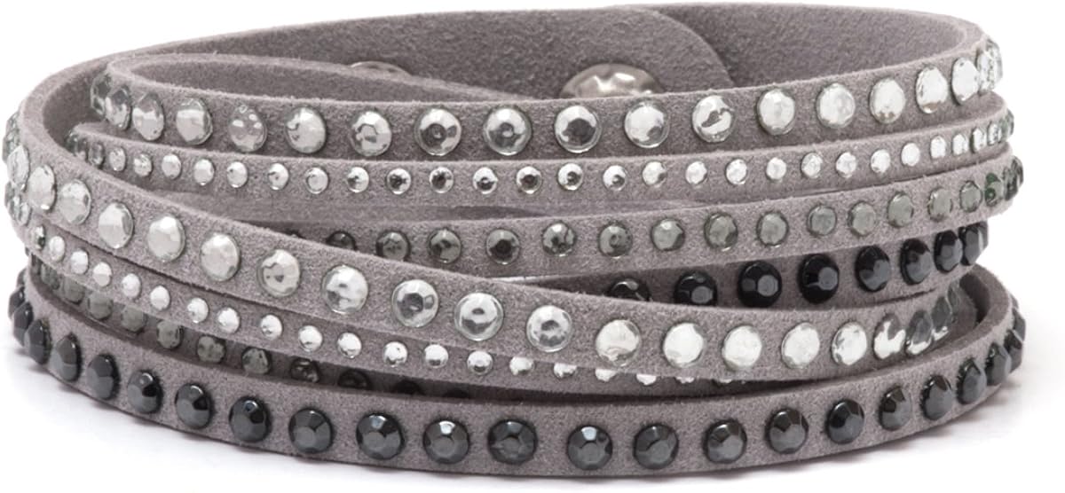Barzel Leather Created Austrian Crystals Wrap Bracelets (Grey with Black & White Stones): Clothing