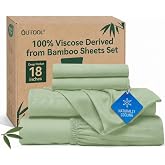 QUTOOL 100% Viscose Made from Bamboo King Sheet Sets, 4PC Cooling Bed Sheets with Extra Deep Pocket up to 18'', Hotel Luxury Silky Bedding for Hot Sleepers, Breathable,Sage Green