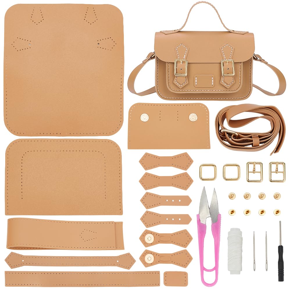 WADORN DIY Crossbody Bag Making Kits, PU Leather Shoulder Bag Sewing Set with Instruction Handmade Satchel Handbag Making Kit Purse Sewing Kit for Women Handicraft Gift, 18x7x12cm(Khaki)