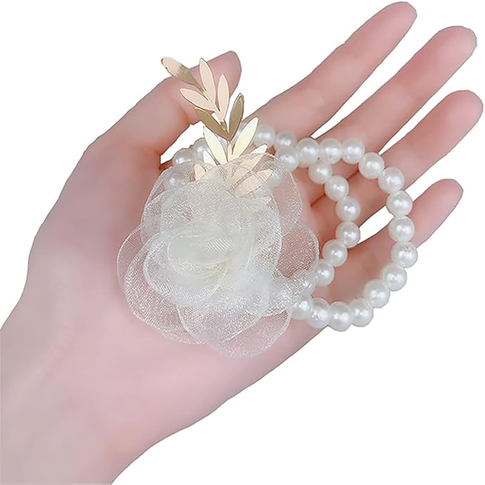 2Pcs White Rose Wrist Corsages Faux Pearl Rhinestone Elastic Bracelet Artificial Floral Wristlet for Wedding Prom Bride Bridesmaid Dance Party Decoration