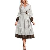 Ladyful Womens Striped Long Sleeve Cotton Belted Midi Dress Brown Casual V Neck A-line Maxi Fall Dress with Pockets