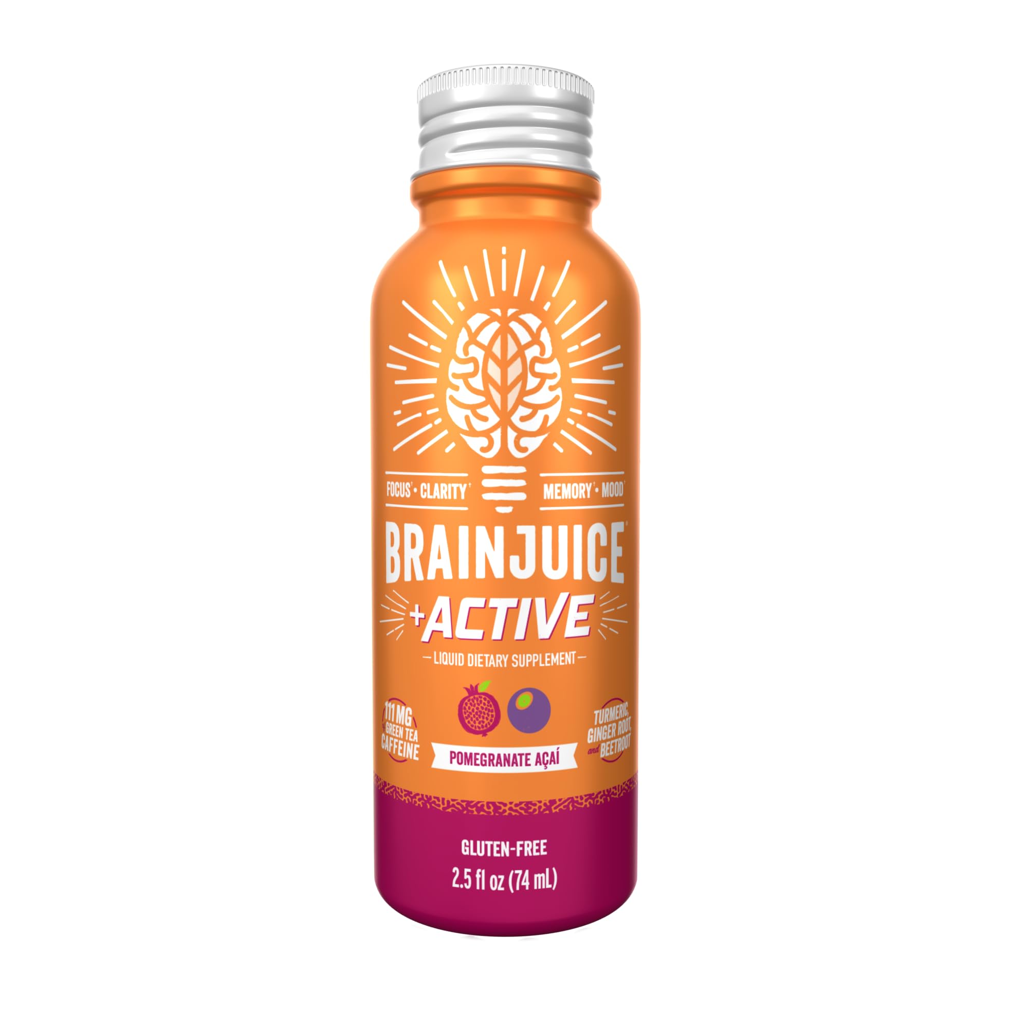 BrainJuice Brain Support Shot – Focus & Energy Supplement with Alpha GPC, B Vitamins & Green Tea Extract – Pomegranate Acai Flavor, 2.5 fl oz, 12-Pack