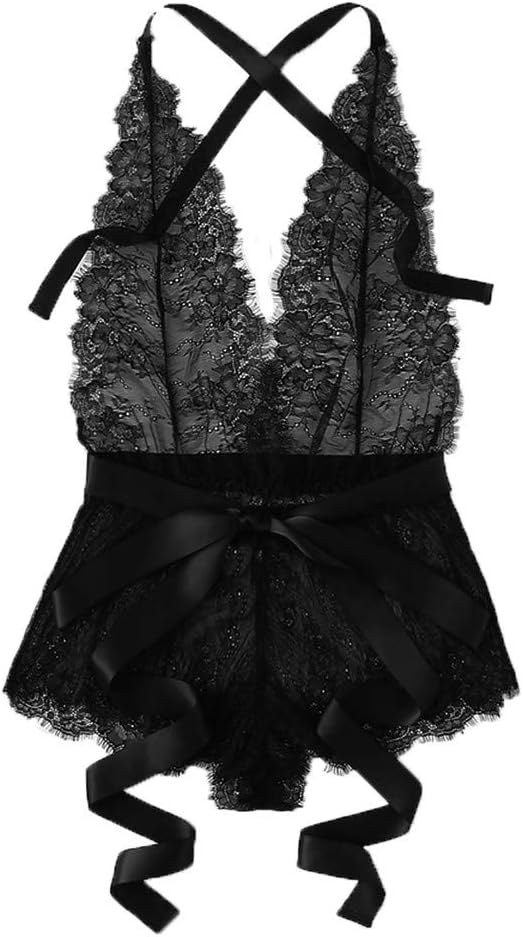 DIOMOR Women Eyelash Lace Criss Cross Romper Sexy Lingerie Siamese Sleepwear Bodysuit Valentine's Day Present Gift