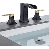 Two-Tone Black and Gold Bathroom Faucet, Sanliv 2-Handle Widespread Bathroom Faucet for 3-Hole Sinks 4-8 Inch, 3-Piece Waterfall Vanity Faucets with Pop-Up Drain, Black and Gold
