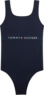 Mädchen Badeanzug Square Neck One Piece mit Branding, Blau (Dark Night Navy), 12-14 Jahre