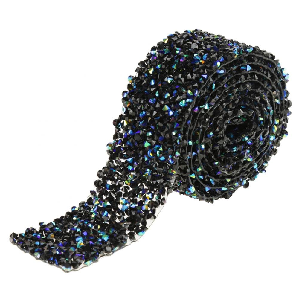 Akozon Crystal Rhinestone Ribbon 1 Yard 3cm Diamond Mesh Wrap Roll for Prom Dresses Belt Applique Hair Clip Collar Wedding Party Decoration (Blue with black)
