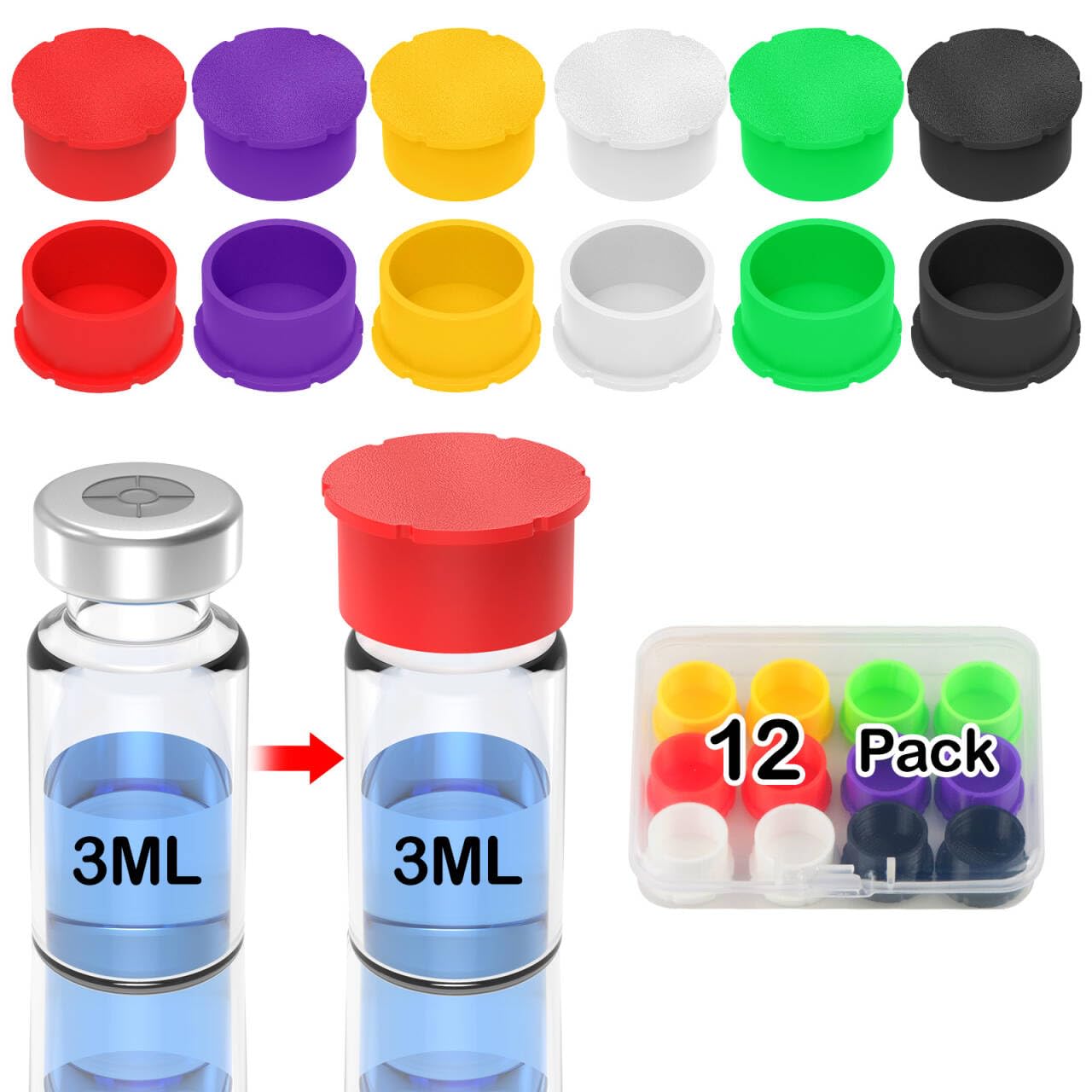 Photo 1 of 12 Pack 3ml Glass Vials Protective Vial Caps – 6 Assorted Colors, Leak-Proof Dust-Resistant Lids Cover for Flip Off Caps 3ml Vials for Injection, Easy to Clean and Reusable