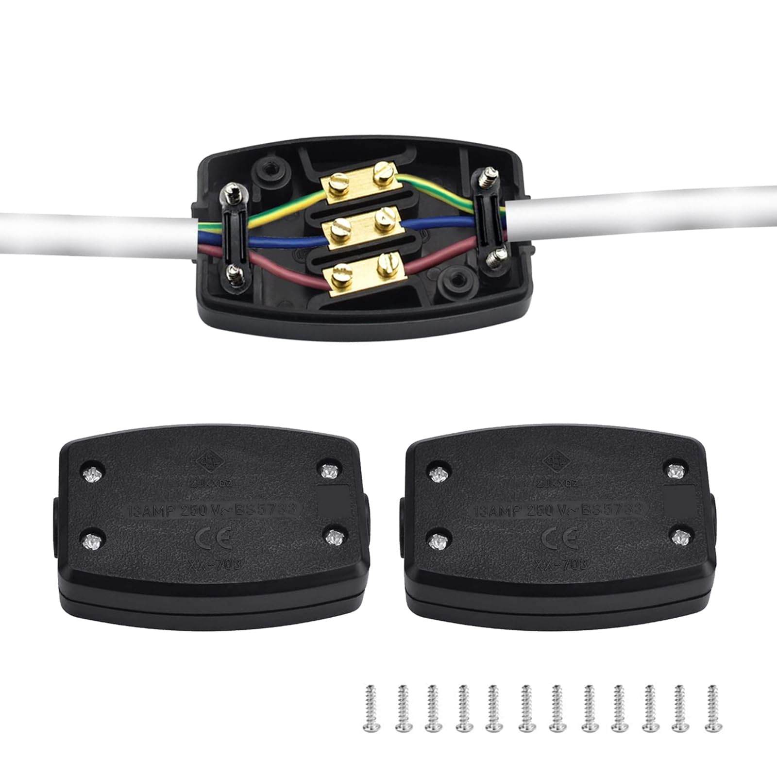 FUJIE 2 Pack Electrical Junction Box 3 Terminals Flex Connector Black, 13A 250V