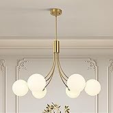 Xeruyiwa 6-Light Modern Gold Sputnik Chandelier Mid Century Brushed Brass Light Fixture with Milk Glass Globes for High Ceili