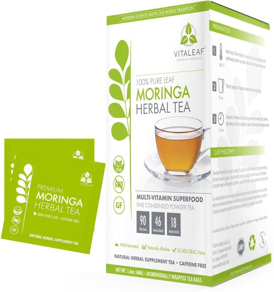 Vitaleaf 100% Pure Leaf Moringa Tea - 20 Individually Sealed Japanese Green Style Tea Bags - Packed with Antioxidants, The Superfood of Superfoods
