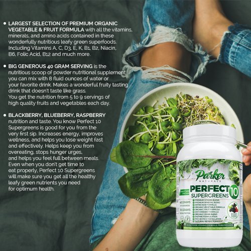 Perfect 10 Supergreens is Premium Organic Green Superfood with Very High End Ingredients in All Categories. Very Large 40 Gram Serving Size Provides 5 to 9 Servings Wholesome Fruits & Vegetables