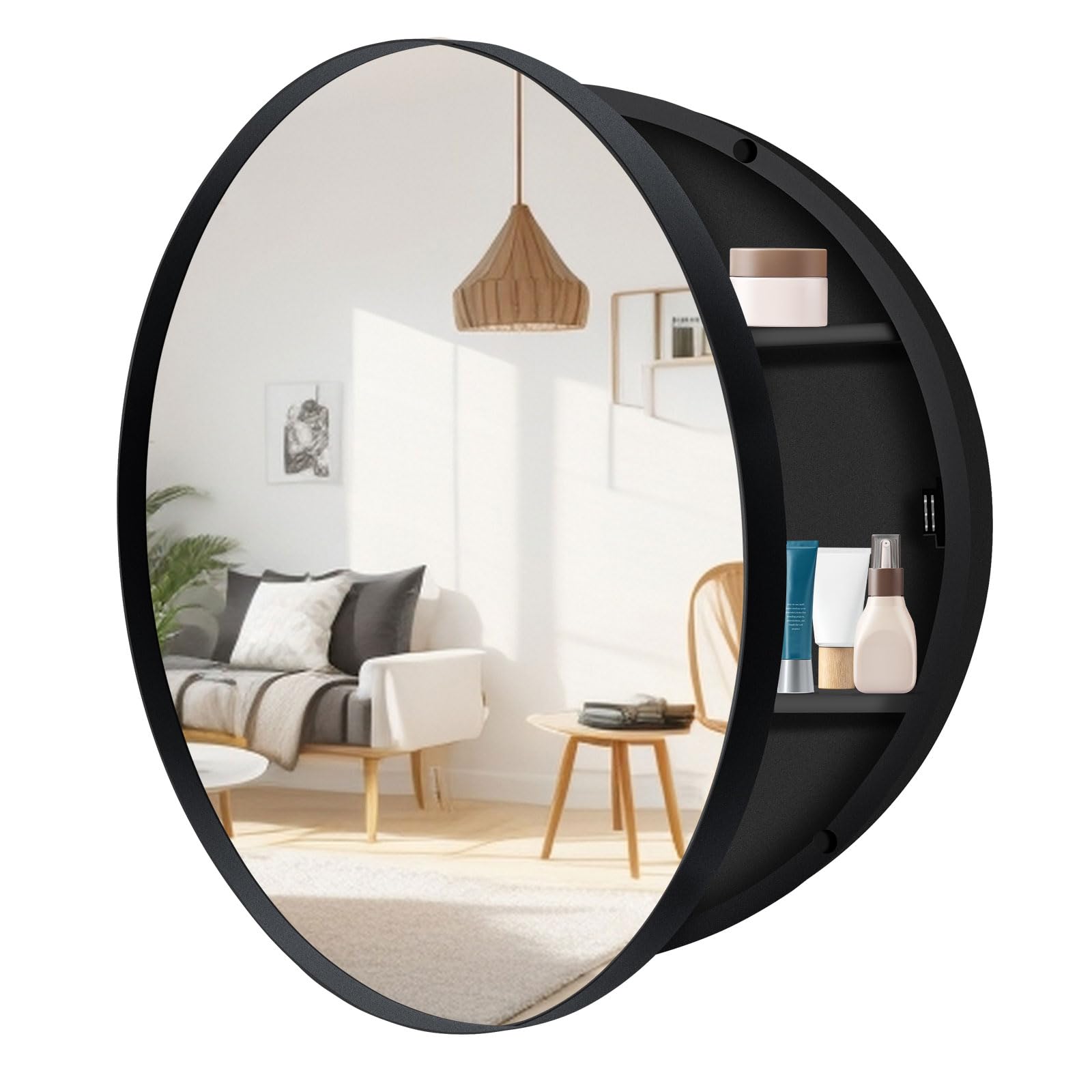Photo 1 of 20 Inch Round Medicine Cabinet with Mirror, Black Farmhouse Bathroom Storage Cabinet, Metal Frame Circular Vanity Mirror Cabinet, Surface Mount Only – Perfect for Small Bathrooms & Apartments