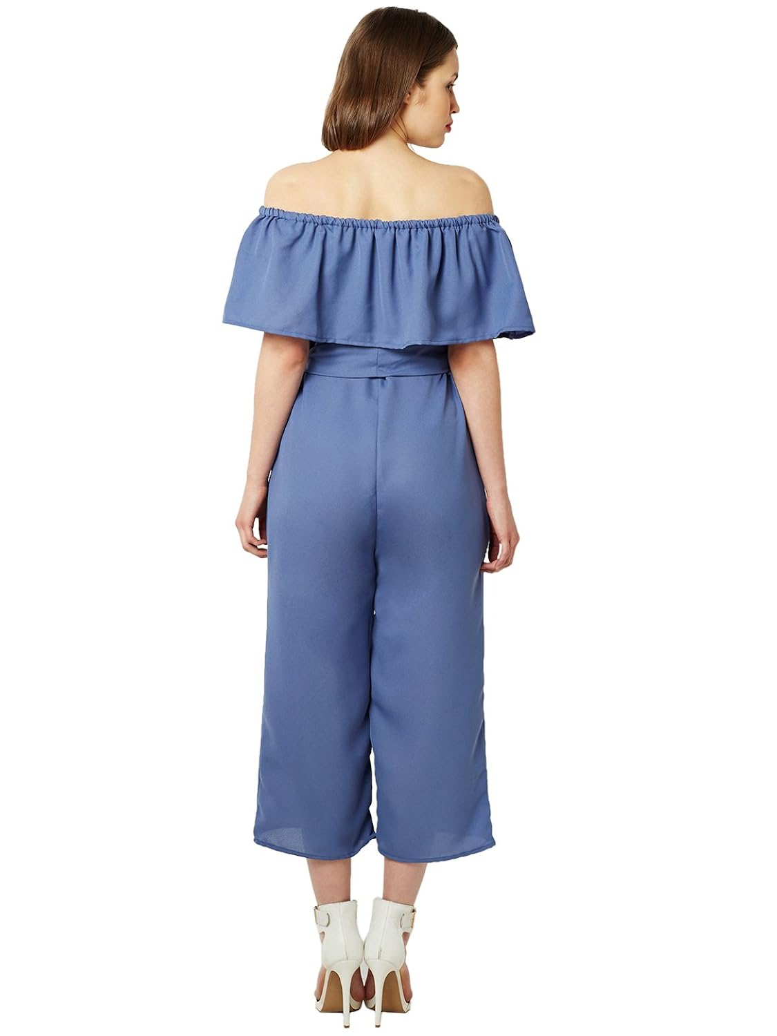 miss chase women's blue off-shoulder ruffled midi jumpsuit