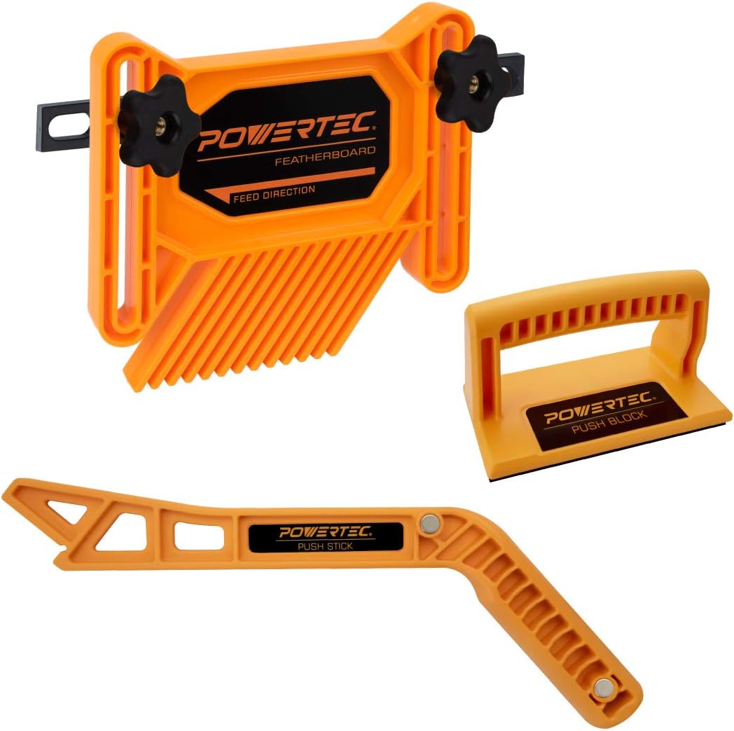 POWERTEC Table Saw Push Block, Magnetic Push Stick & Featherboard - 4Pcs Table Saw Safety Accessories Fits Router Table, Bandsaw & Jointer, Woodworking Tools to Reduce Kickback (71552)