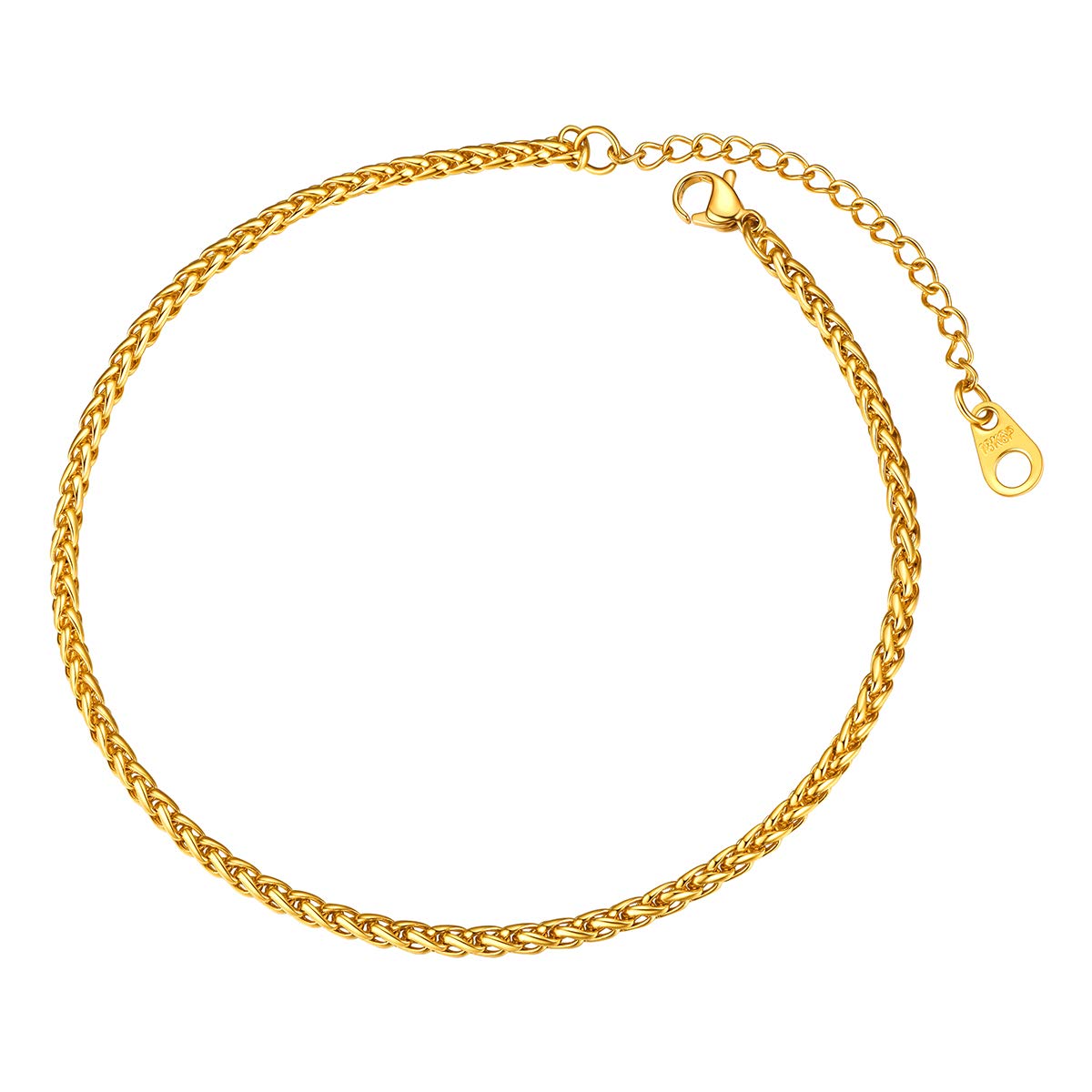FOCALOOK Anklets for Women Spiga Wheat Link Foot Bracelet Gold Stainless Steel Ankle Chain Adjustable 8-10 Inch Beach Jewellery Chains for Summer Gift