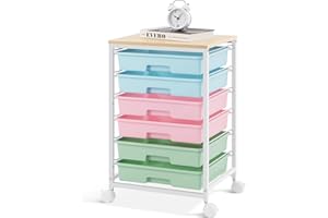 SYKIARIOL Rolling Cart with Drawers,Utility Cart with 6 Drawers,Rolling Storage Cart with Drawers and Wooden Tabletop & Lockable Wheel,Colorful
