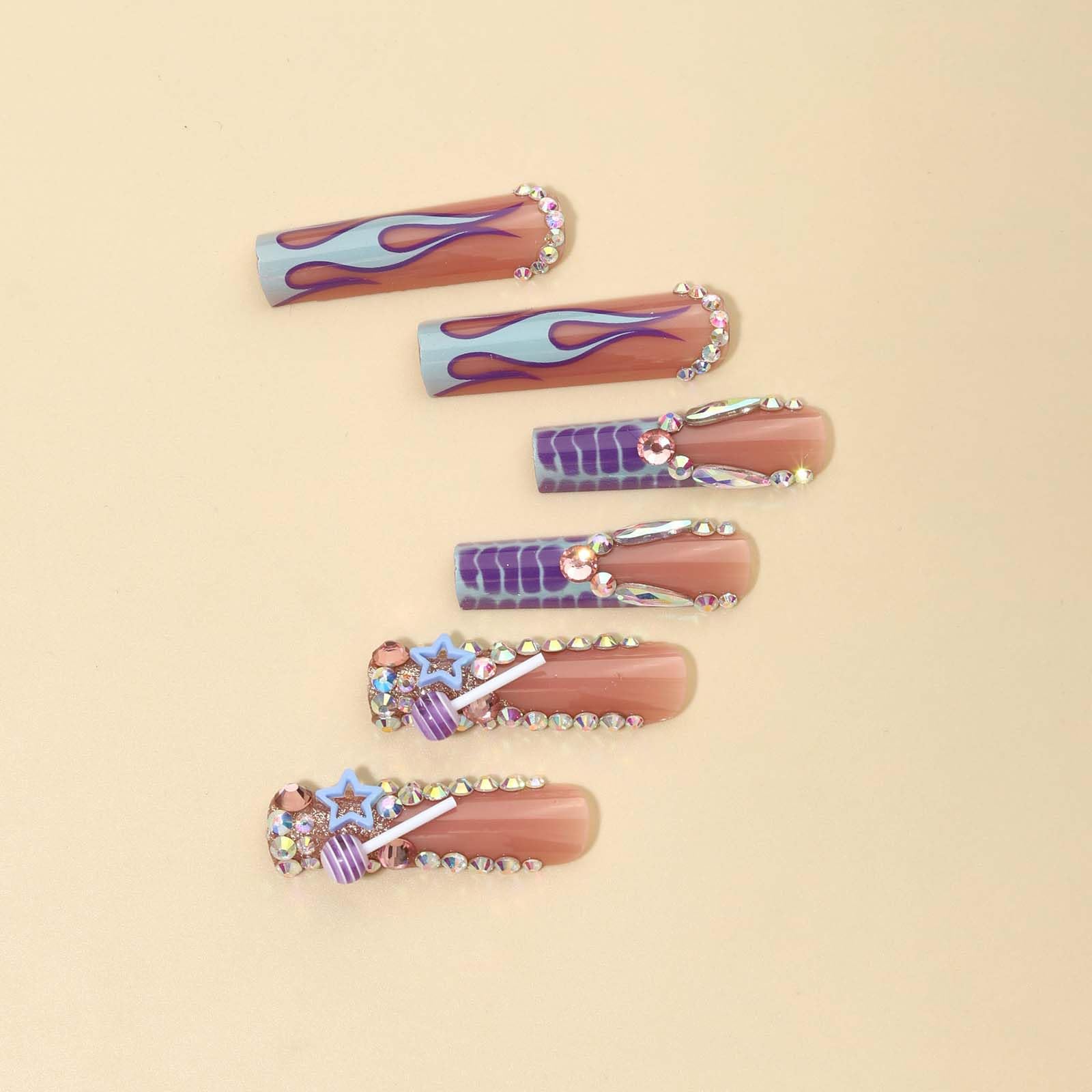 QQPPOLIU Press on Nails Long Square Purple Fake Nails with Design Full Cover Nails (Purple) - Image 3