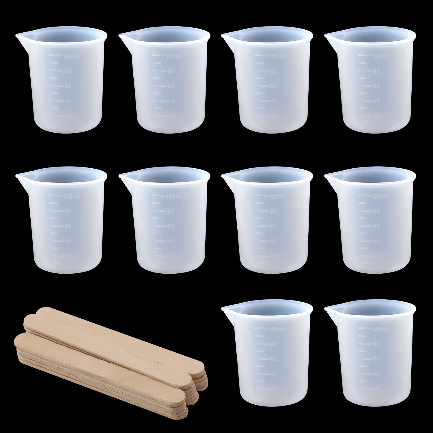 10pcs 100ml Silicone Measuring Cups for Resin, Translucent Flexible Silicone Mixing Cup for DIY Handmade Craft Pouring Epoxy Resin with 20pcs Wooden Stirrers