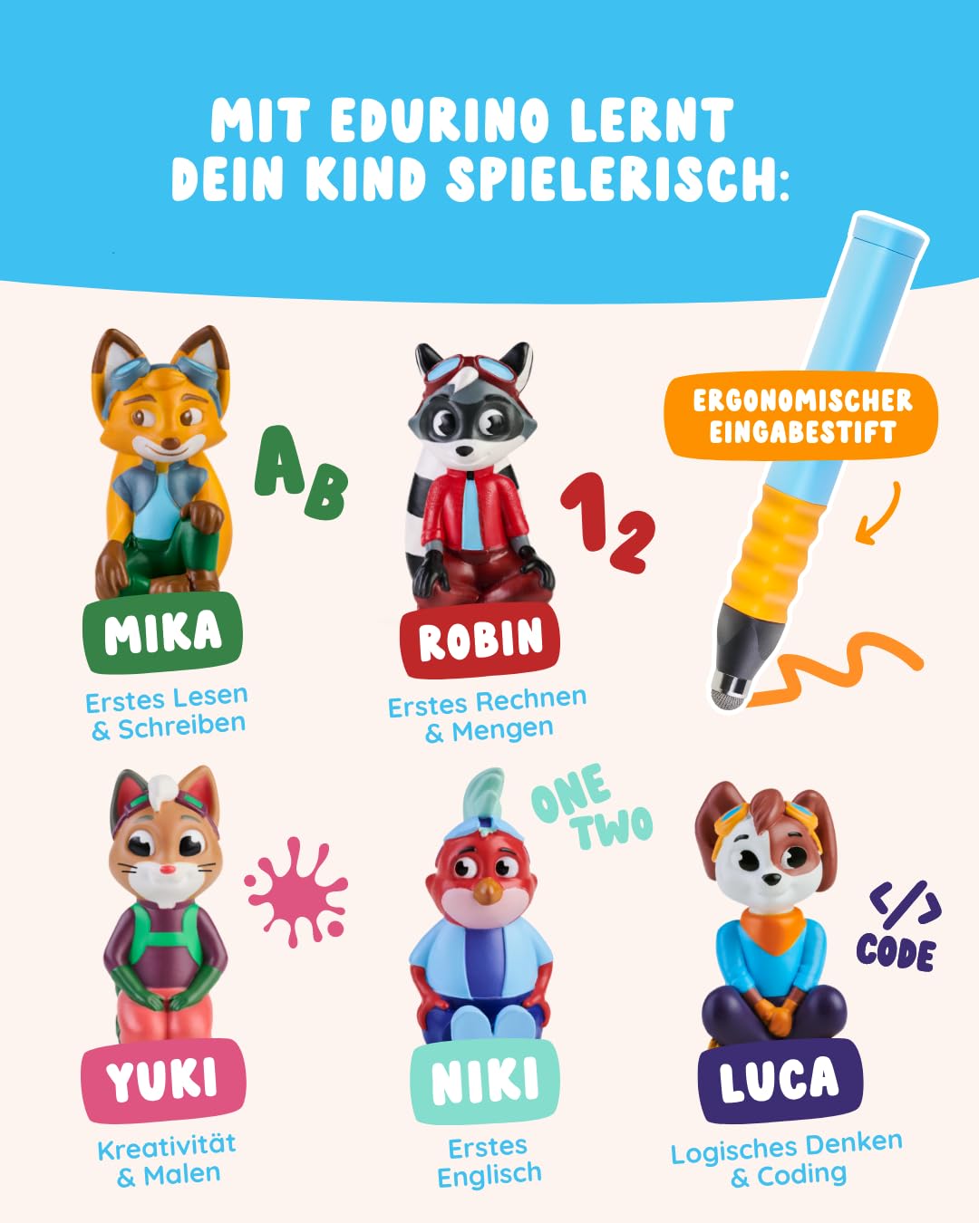 Edurino Bundle | 5 spannende Lernspiele | 4-8 Jahre | Lesen & Schreiben, Zahlen, Erstes Englisch, Logisches Denken, Kreativität inkl. Stift & Mäppchen 3