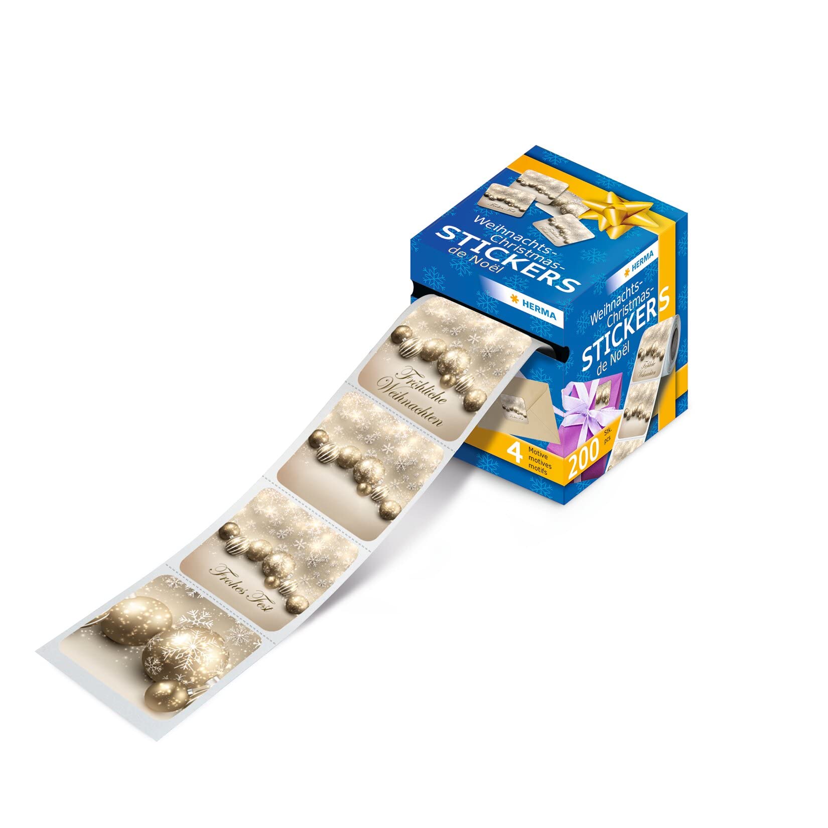 HERMA 200 Christmas Bauble Gold Stickers Roll for Card Making, Crafts, Envelopes and Xmas Decorations, Self Adhesive Labels for Kids and Children