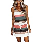 Womens Summer Trendy Striped Dresses Sleeveless Halter Strap Mini Dress with Pockets