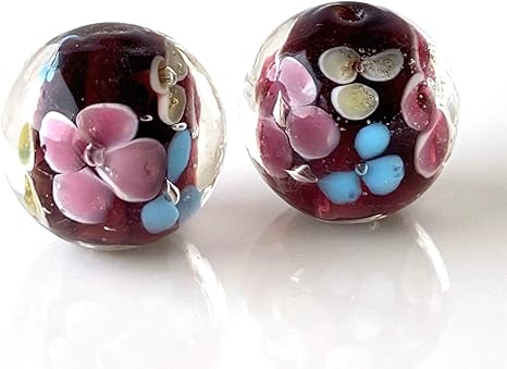 Amazon とんぼ玉 R2m ガラスビーズ 14mm 2個 トンボ玉 水中花 花柄 ハンドメイド アクセサリーパーツ ラウンドビーズ 蜻蛉玉 紫 ビーズ ストーン 通販