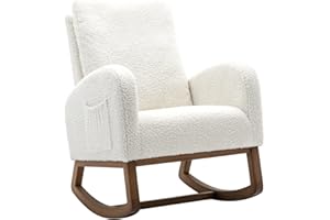 Dolonm Rocking Chair Mid-Century Modern Nursery Rocking Armchair Upholstered Tall Back Accent Glider Rocker for Living Room (White)