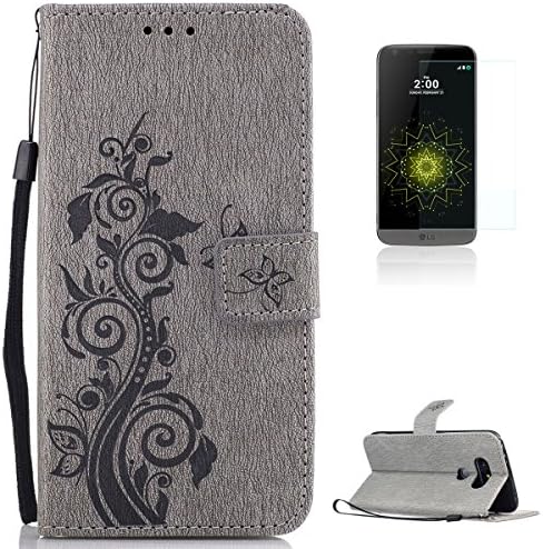 LG G5 Case [Free Screen Protector],KaseHom Butterfly Flower Tree Retro Pattern Folio Magnetic Flip Stand PU Leather Embossed Wallet Case Cover Skin Shell for LG G5,Grey
