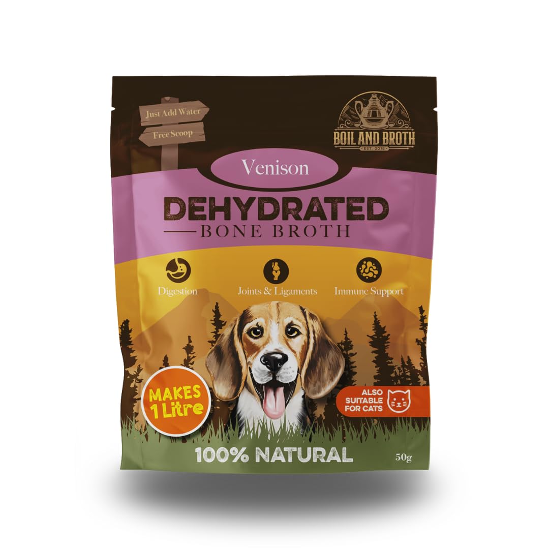Boil and Broth Dehydrated Venison Broth for Dogs, 50g resealable pouch. Makes 1L