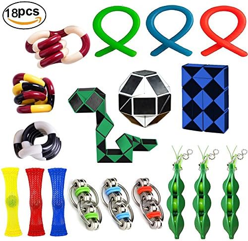 18Pack Sensory Fidget Toys Set-Bike Chain,Snake Cube,Mesh &amp; Marble toys,Squeeze-a-Bean,Twisted Toys ,Stretch Toy For Children/Adults Relieves Stress Random Color
