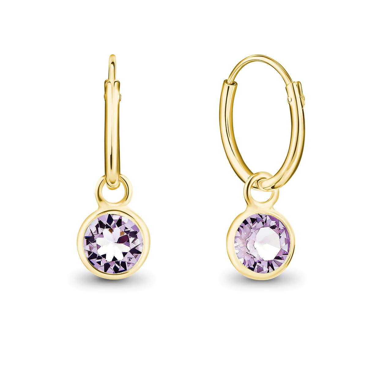 DTPsilver® 925 Sterling Silver Yellow Gold Plated SMALL Hoops Earrings - Dangling 5 mm Round Glittering Crystals from Swarovski® Elements - Diameter 14 mm - Colour: Violet — image 1
