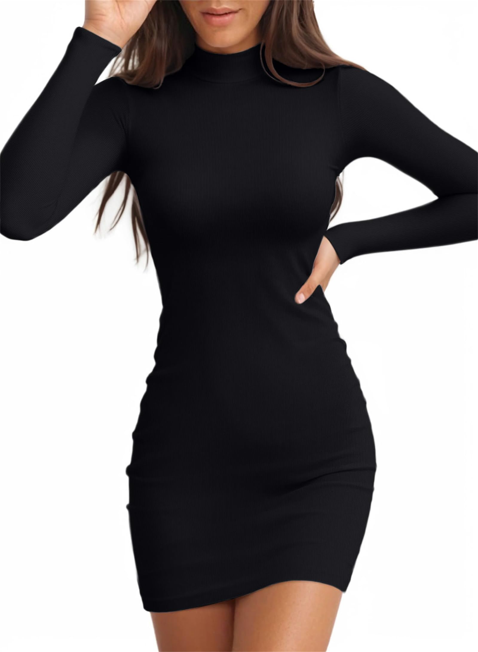 Photo 1 of (MED-LARGE) (BAGGED) (USED/FAIR) Valiamcep Women's Long Sleeve Dress Mock Neck Bodycon Dresses Ribbed Knit Stretchable Elasticity Slim Fit Turtleneck Casual Mini Dress Black M
