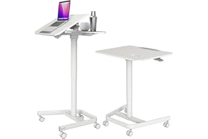 AVLT 47" Ambidextrous Mobile Standing Desk with Split Top Tilting Tray (3 ft 11 inches) - Pneumatic Laptop Cart - Rolling White Cart with Brake Casters