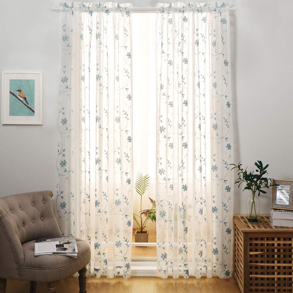 MYSTIC-HOME Floral Embroidery Sheer Curtains Blue 95 Inches Long, Window Treatments Rod Pocket Drapes Bedroom, Semi Crinkle Voile Curtain Panels Set of 2, Floral Blue, 52" Wx95 L