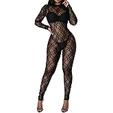SxClub Clubwear Sexy Jumpsuit for Women Bodycon Long Sleeve See Through Long Skinny Pants for Evening Party