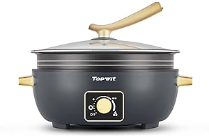Topwit Shabu Shabu Pot 5L with Adjustable Power Control, Removable Nonstick Electric Frying Pan, 12” Deep Dish Multifunction Electric Skillet with Tempered Glass Lid for Shabu Shabu, Noodles, Sauté