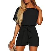 Vetinee Womens Summer Belted Romper Keyhole Back Short Sleeve Jumpsuit Playsuit