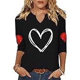 Vircreate Womens 3/4 Sleeve V Neck T-Shirts Valentina's Day Spring Shirts Love Heart Graphic Tee