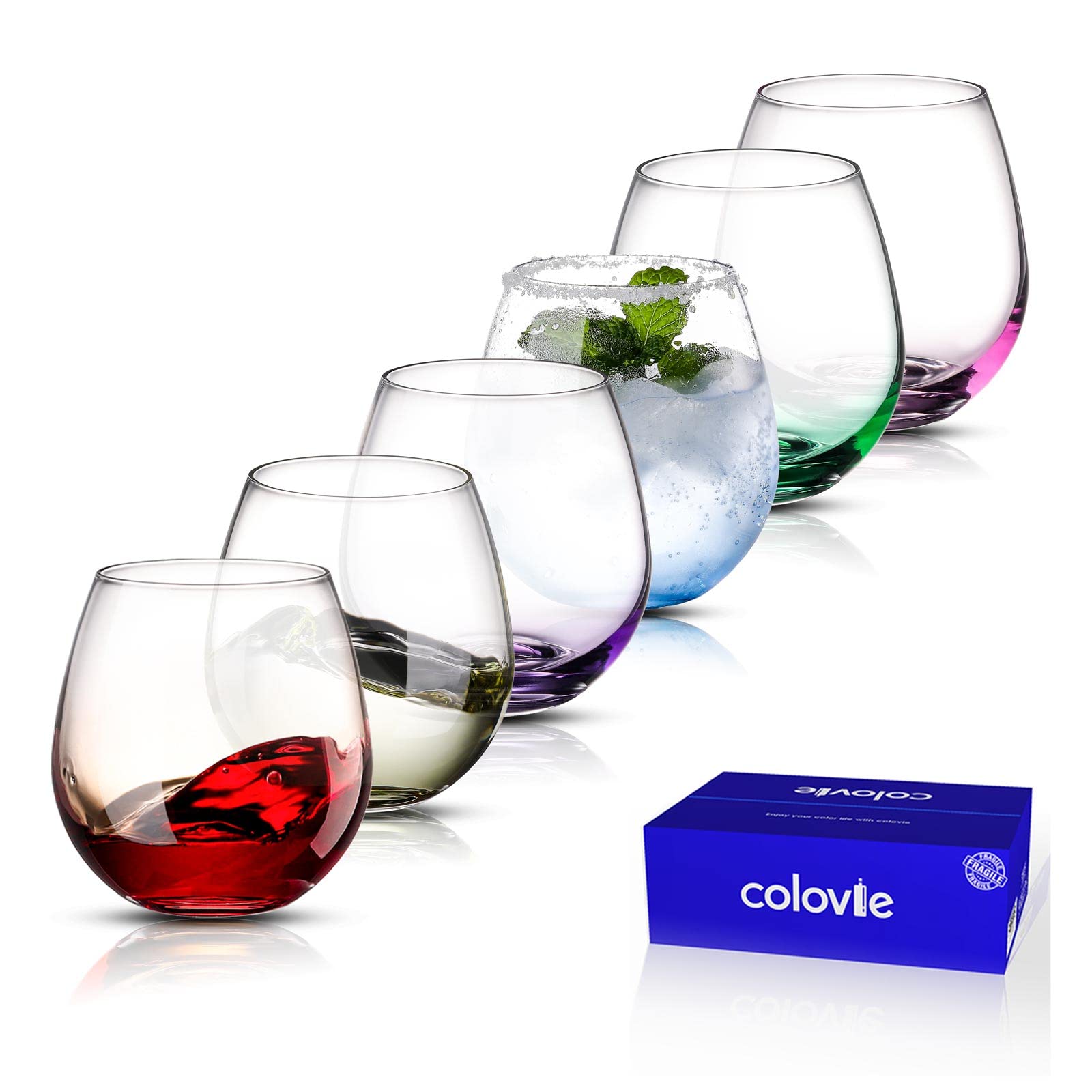 Photo 1 of ColoVie 15oz Stemless Wine Glasses Set of 6, Lead-Free Crystal Colored Gradient Wine Glass, Iridescent Ombre Glassware for Red & White Wine, Unique Housewarming & Birthday Gifts for Women