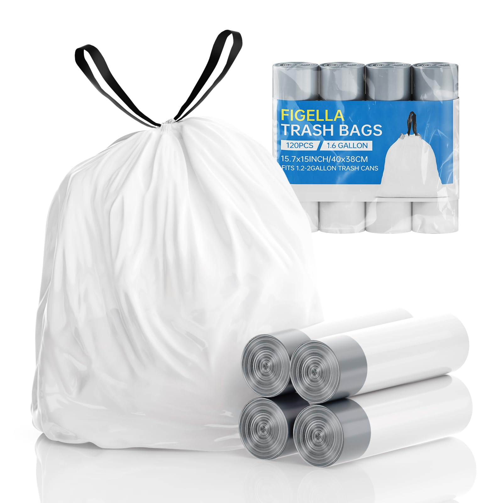 Photo 1 of 1.6 Gallon Mini Trash Bags with Drawstring 120 Count Small Garbage Bags Unscented Fit 1.2-2Gallon 4.5-8Liter, White Plastic Waste Basket Liners for Bathroom Toilet Bedroom Office