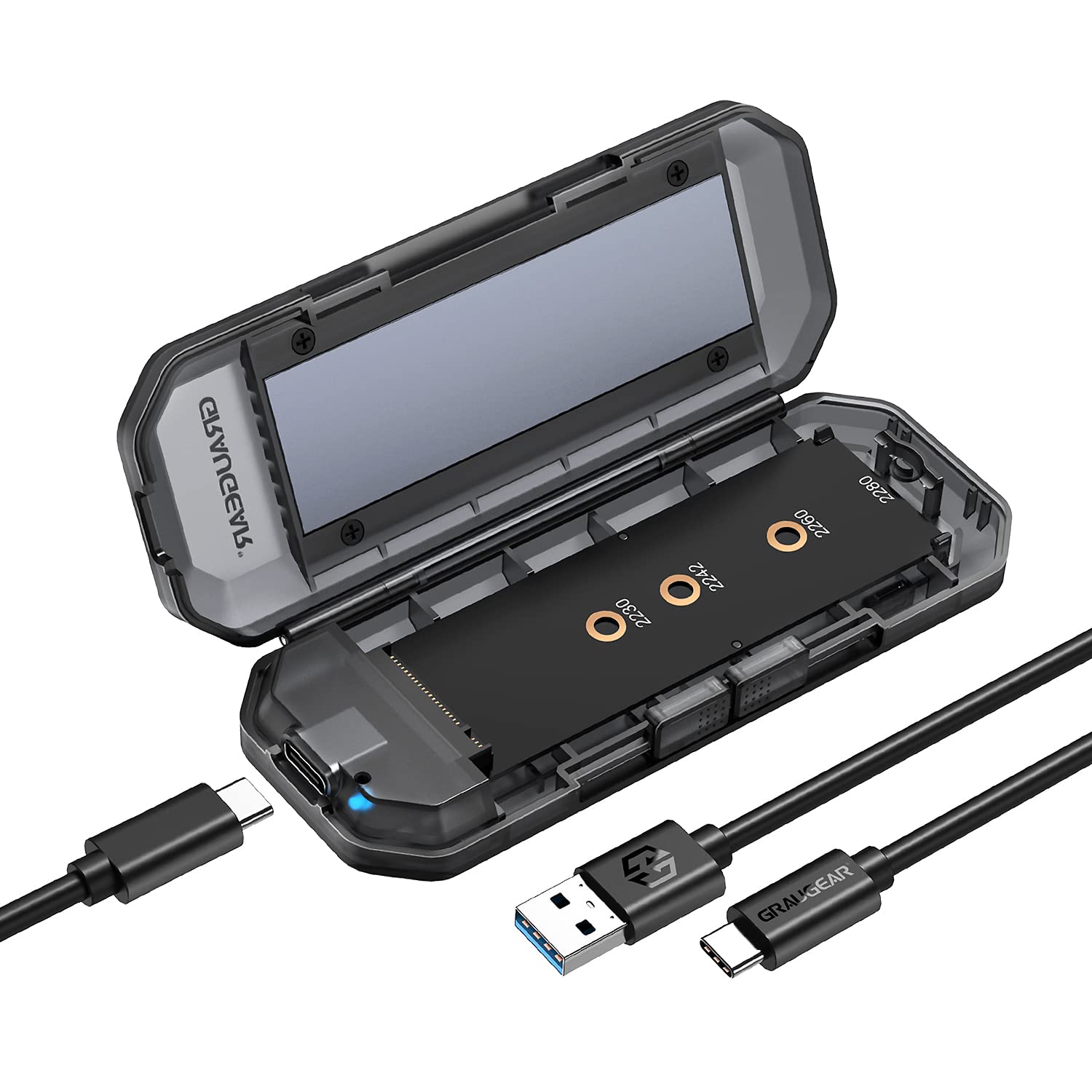GRAUGEAR NVMe & NGFF Enclosure | RTL9210B for all M.2 SSD length 2280, 2260, 2242, 2230 | USB 3.2 Gen 2 10 Gb/s | Heatsink | Tool-free | Two cables USB-C & USB-A to C | G-M20 2-AC-1 0 g